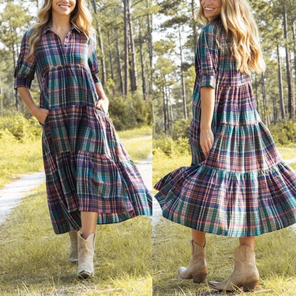 NATURAL LIFE Rebecca Plaid Tiered Flannel Knit Boho Maxi Dress Womens Medium